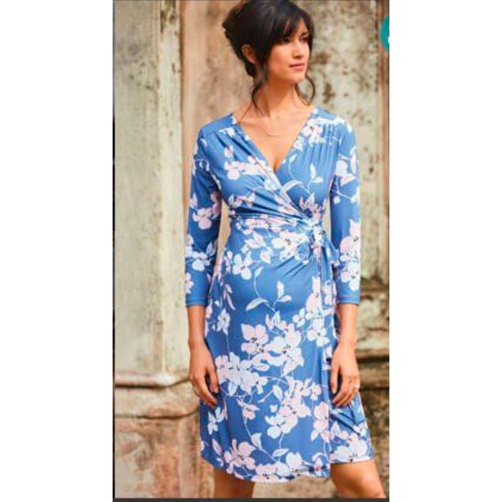 A Pea in the Pod Maternity Wrap Dress Womens L Blue Floral Boho 3/4 Sleeve Chic